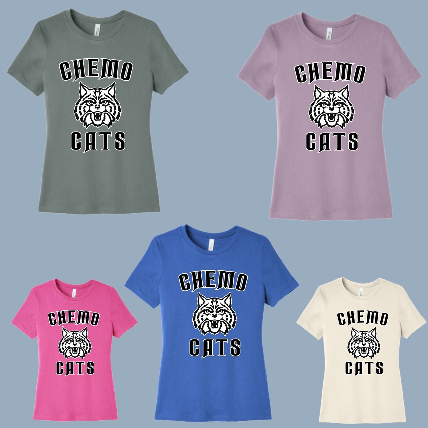 CHEMO CATS DESIGN #1 Bella Canvas WOMENS T-Shirt, different color options to choose from in dropdowS