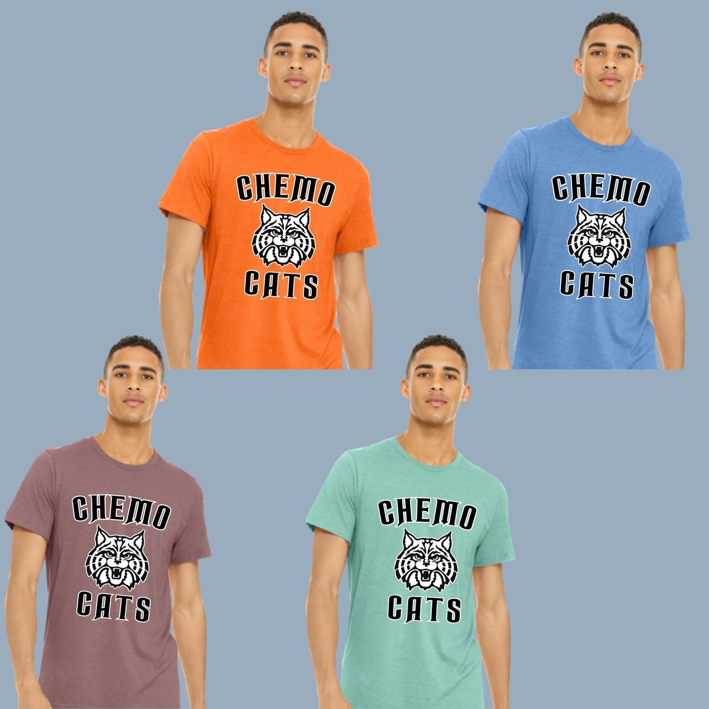CHEMO CATS DESIGN #1 Bella Canvas UNISEX HEATHER T-Shirt, different color options to choose from IN DROP DOWNS