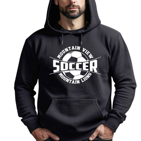 Mountain View Soccer Design #3 Unisex Crewneck or Hoodie Sweatshirt Black or Grey