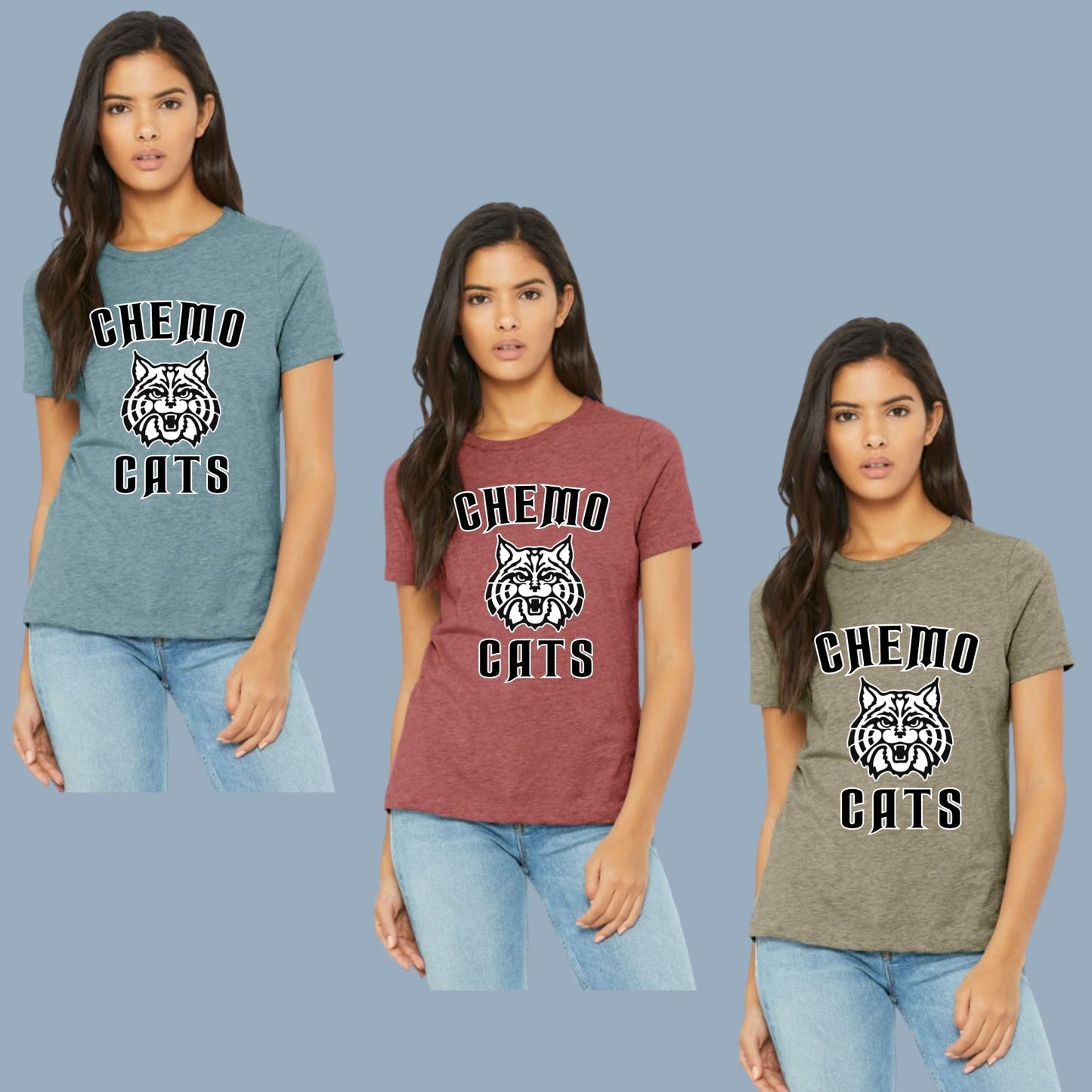 CHEMO CATS DESIGN #1 Bella Canvas WOMEN'S HEATHER T-Shirt, different color options to choose from DROPDOWNS
