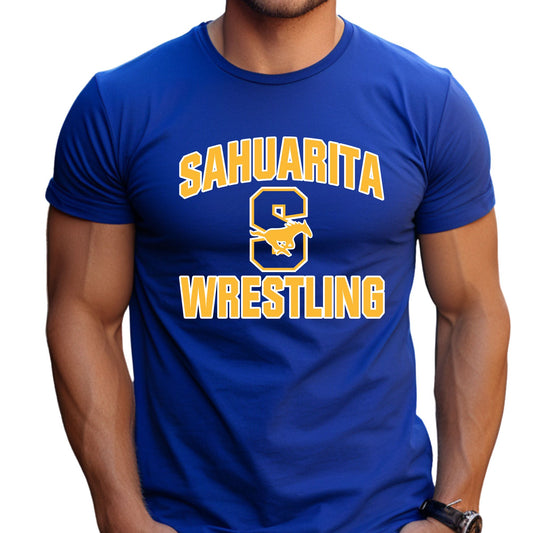 Sahuarita Mustangs Wrestling Bella Canvas Super Soft Cotton T-Shirt Unisex and Youth Sizes Gold and White Design