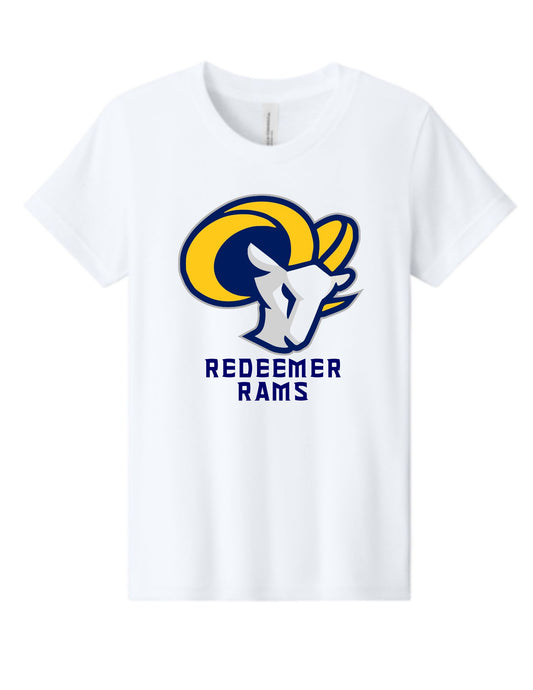 Redeemer Lutheran Church & School Bella Canvas CVC White T-Shirt Rams Logo in Youth, Unisex Adult, or Women's V-Neck