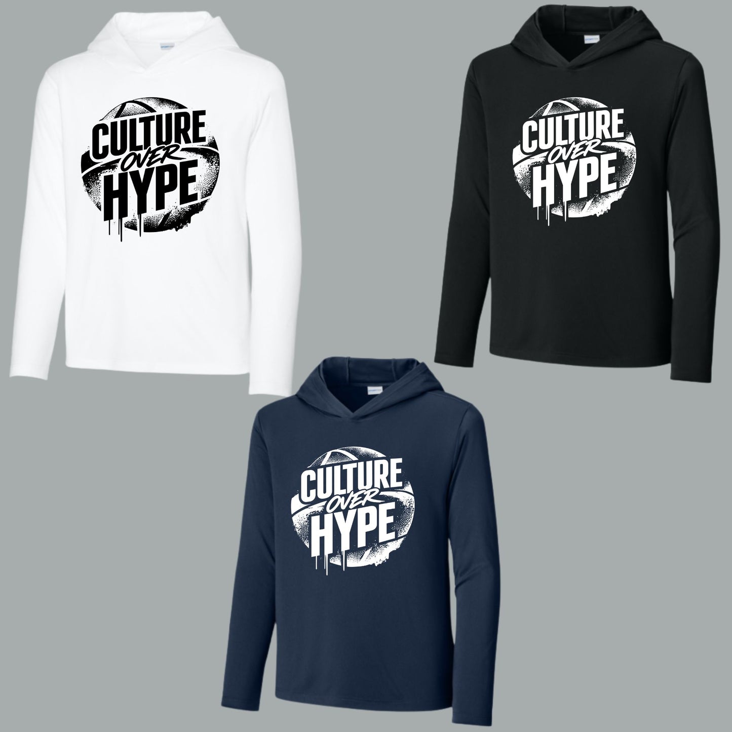 Culture Over Hype Dri-Fit UV 50 Youth or Unisex Longsleeve Hooded T-Shirt