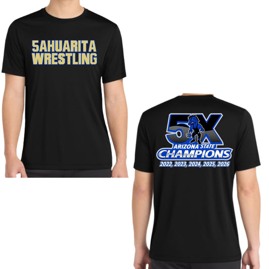 Sahuarita Mustangs Wrestling 5X State Champs Cotton or Drifit short sleeve T-Shirt Unisex, Women's, & Youth Sizes