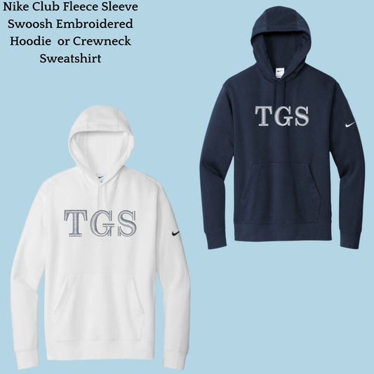 The Gregory School Nike Embroidered #2 (TGS) Logo Unisex Crewneck or Hoodie Sweatshirt