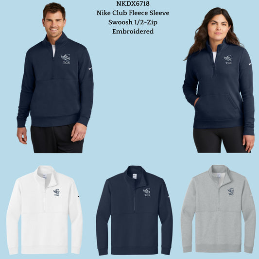 The Gregory School Embroidered G Hawk TGS Logo Nike Club Fleece Sleeve Swoosh Pullover Sweater Women's and Men's