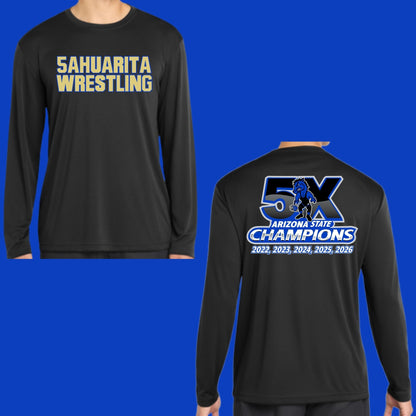 Sahuarita Mustangs Wrestling 5X State Champs Cotton or Sport-Tek Dri-Fit T-Shirts | Short & Long Sleeve