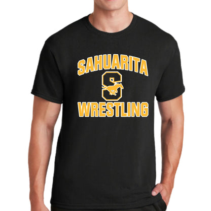 Sahuarita Mustangs Wrestling Bella Canvas Super Soft Cotton T-Shirt Unisex and Youth Sizes Gold and White Design