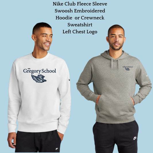 The Gregory School Nike Embroidered #3  Logo Unisex Crewneck or Hoodie Sweatshirt