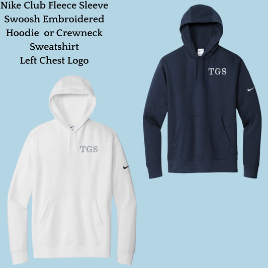 The Gregory School Nike Embroidered #2 (TGS) Left Chest Logo Unisex Crewneck or Hoodie Sweatshirt