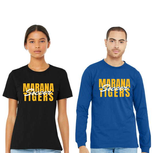 Marana Tigers Soccer Design #2 Bella Canvas Cotton T-Shirts or Dri-Fit Short or Longsleeve in Black or Blue