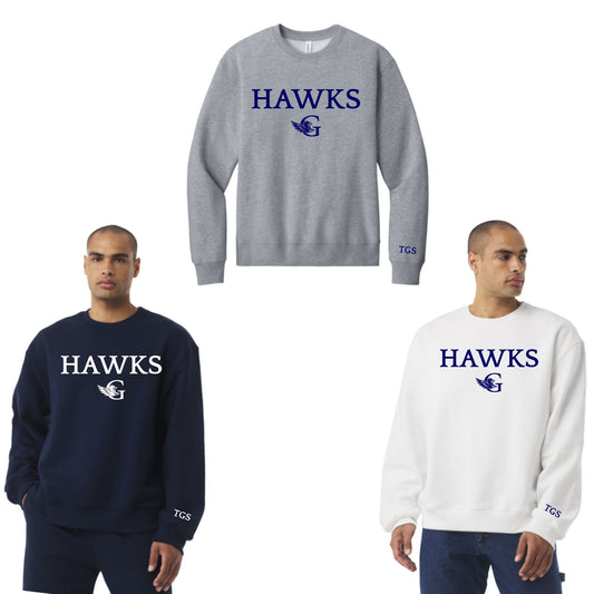 The Gregory School Bella Canvas Hawks Oversized Crewneck Sweater with TGS on sleeve