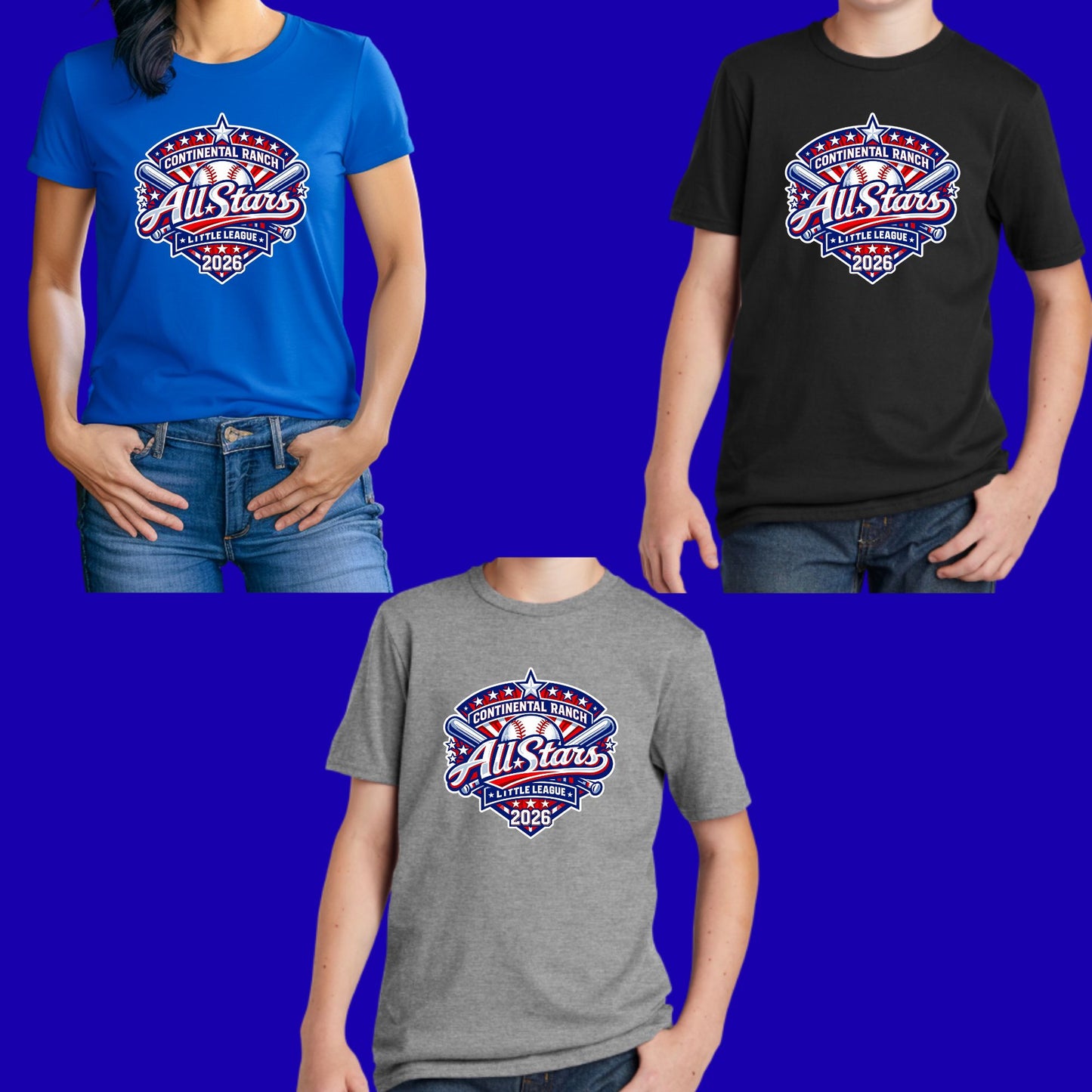 Continental Ranch Little League ALL-STARS Cotton T-shirt Full Chest Logo Youth, Women's, Unisex Option to Customize back