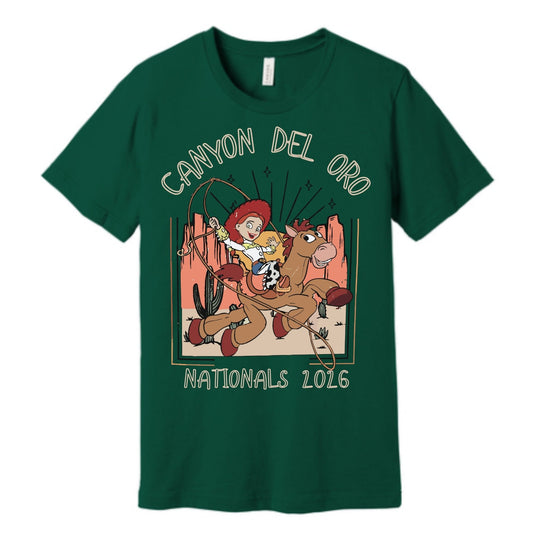 Canyon Del Oro Dorados Stunt & Cheer 2026 Nationals Green Tee Front & Back Design