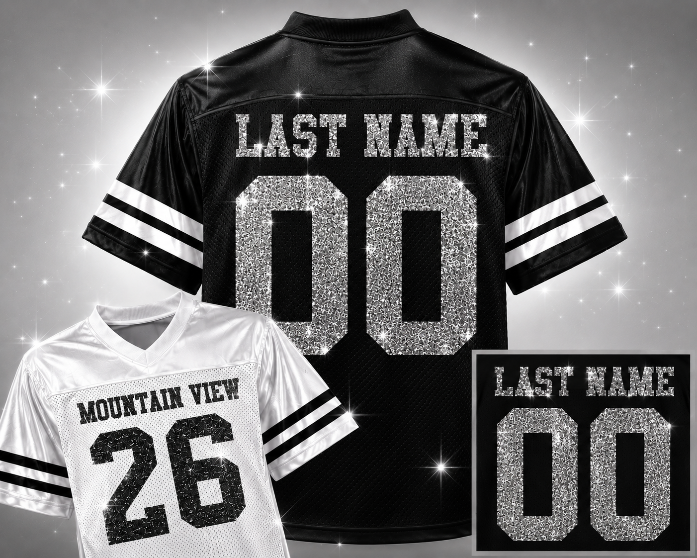 Mountain View Football Custom Glitter or Regular Football Jersey Black or White