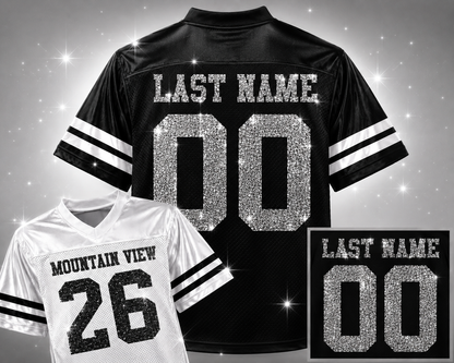 Mountain View Football Custom Glitter or Regular Football Jersey Black or White
