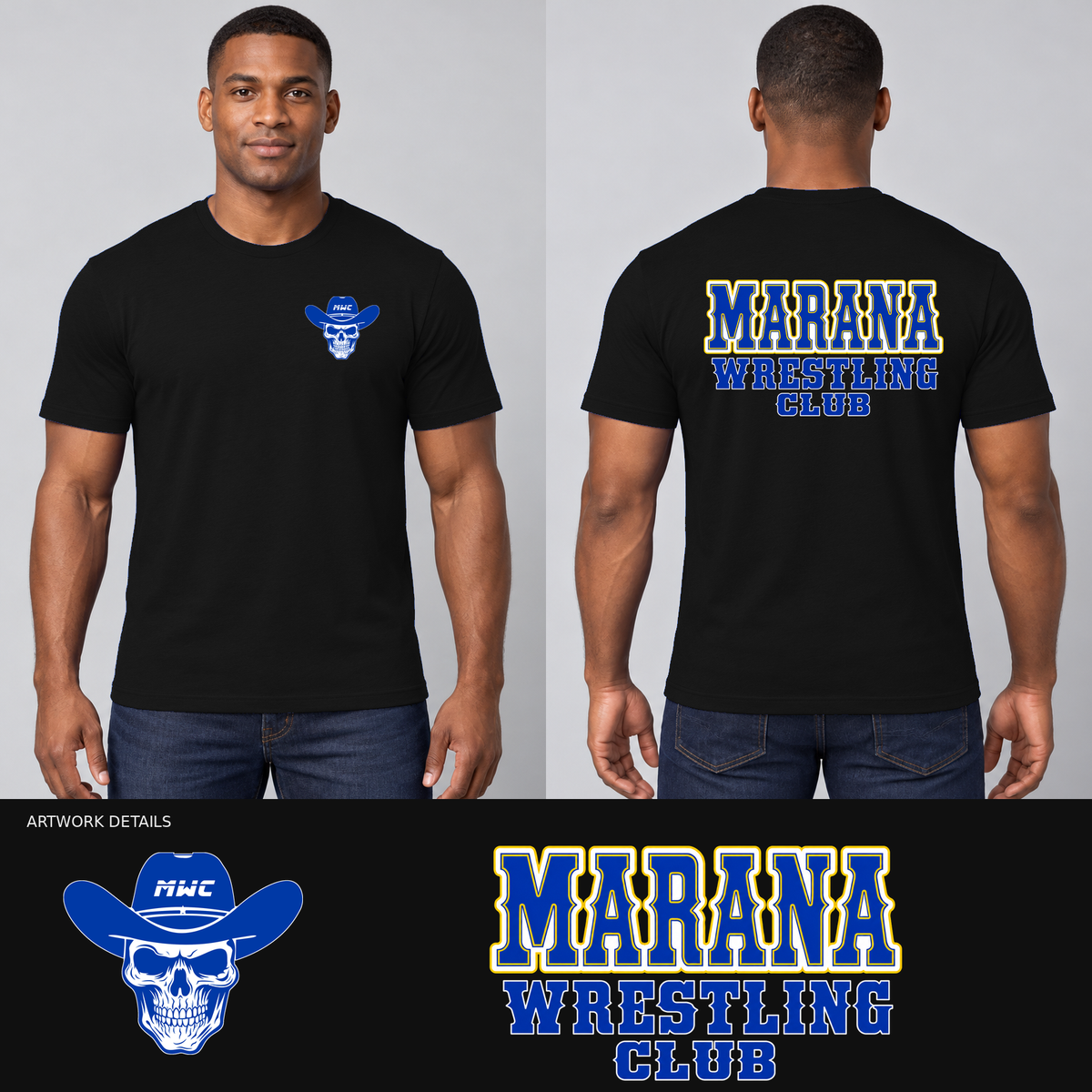 Design 4 Black cotton shirt front and back with blue left-chest skull and Western club lettering.