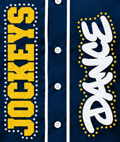 Jockeys Dance navy jersey with matching-size continuous rhinestone outlines and darker yellow DANCE stones, detail