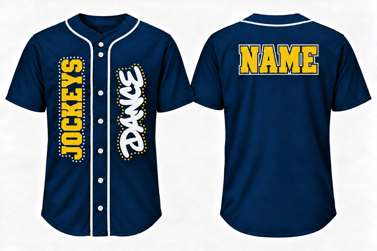Jockeys Dance navy jersey with matching-size continuous rhinestone outlines and darker yellow DANCE stones, review