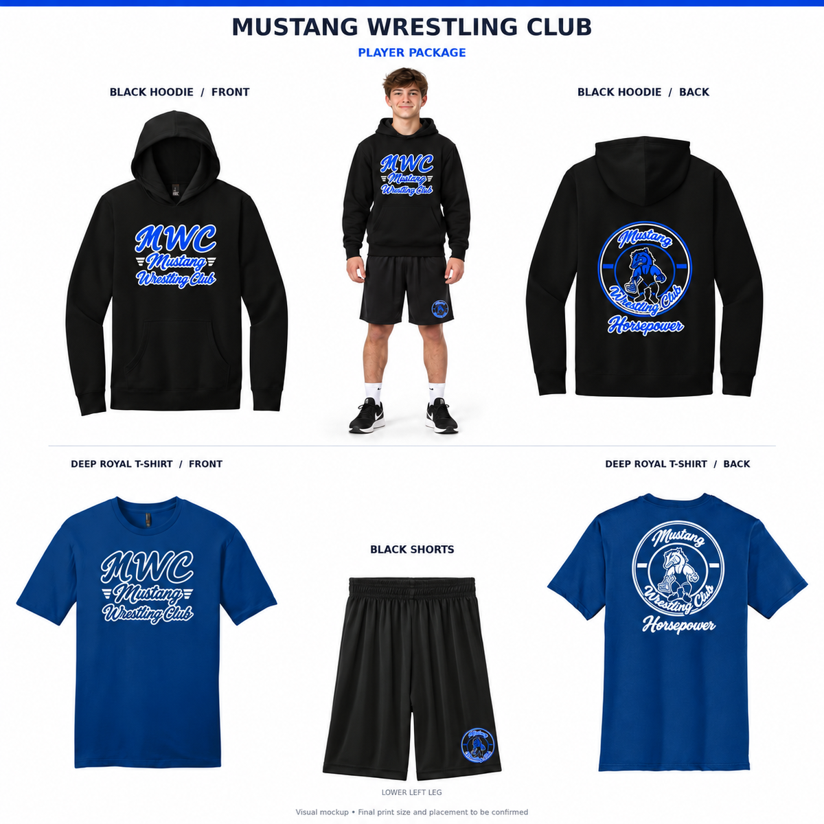 Mustang Wrestling Club boys' player package with model wearing the black hoodie and shorts, and Deep Royal T-shirt views