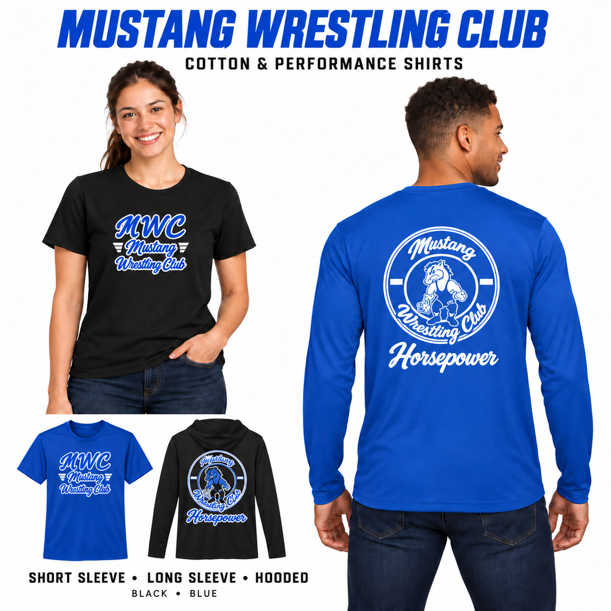 Mustang Wrestling Club black and blue cotton and performance shirts with front MWC script and back circle mascot Horsepower artwork