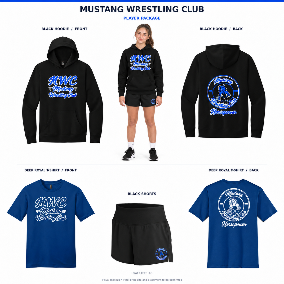 Mustang Wrestling Club women's player package with model wearing the black hoodie and shorts, and Deep Royal T-shirt views