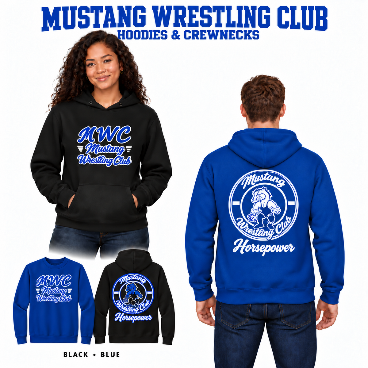 Mustang Wrestling Club black and blue hoodies and crewneck sweatshirt, with the right-side model reduced for clear heading space and front and back artwork visible.