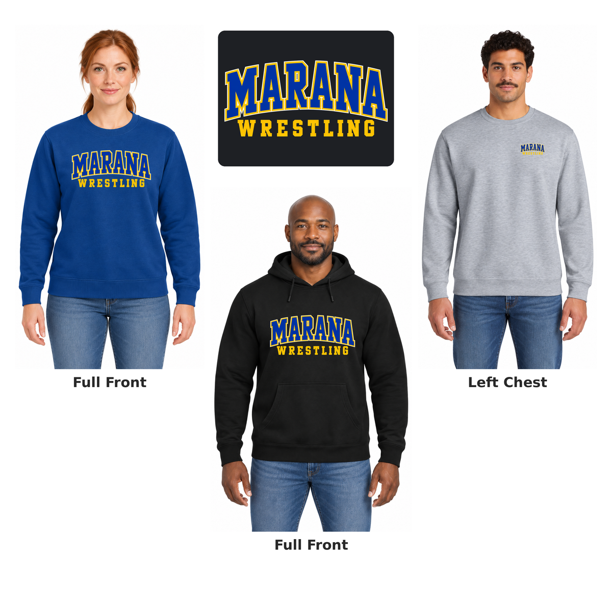 Marana Wrestling Collegiate Fleece: full front and left chest examples with enlarged artwork detail.