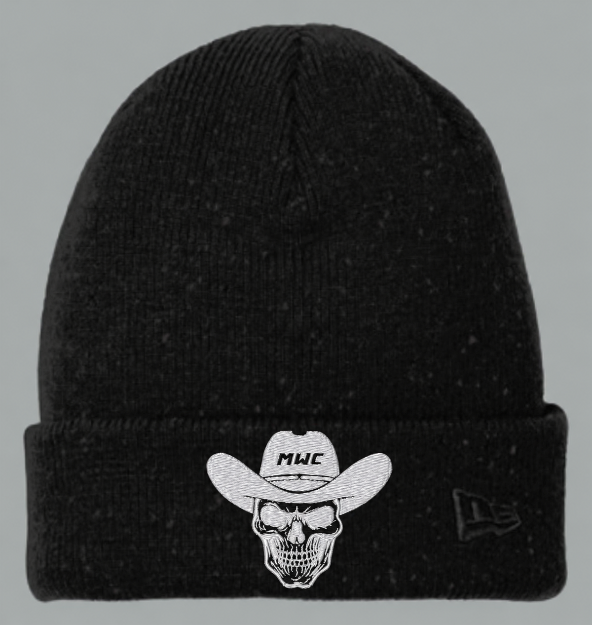 Marana Cowboy skull embroidered in white on a black New Era cuffed beanie
