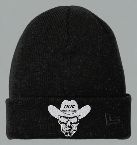 Marana Cowboy skull embroidered in white on a black New Era cuffed beanie