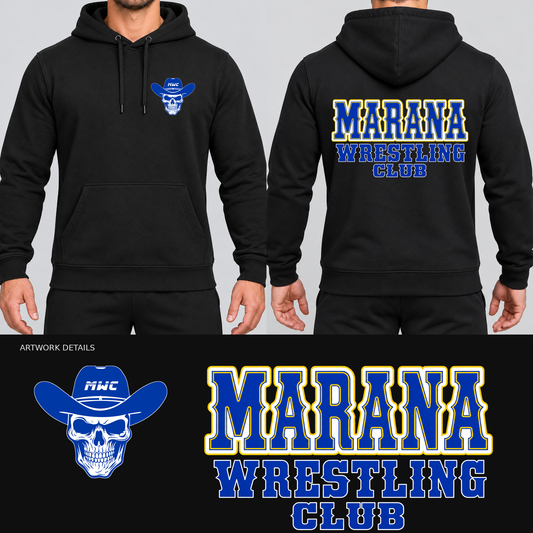 Marana Wrestling Club Design 4 Hoodie mockup with blue skull left-chest print and blue Western back design.