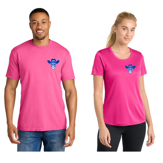 Neon Pink unisex cotton and women's performance front views with blue skull left-chest prints.