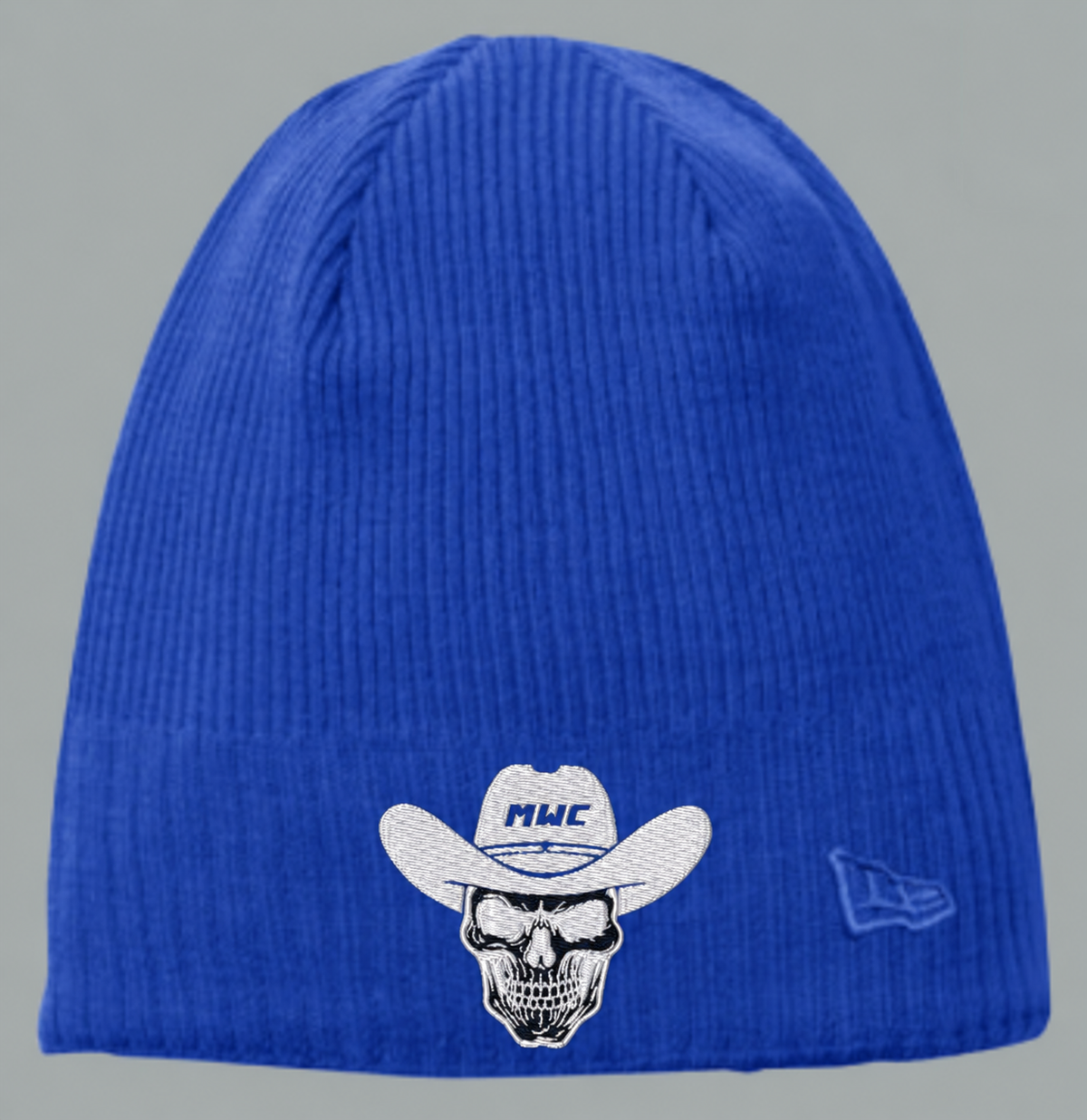 Marana Cowboy skull embroidered in white on a blue New Era knit beanie