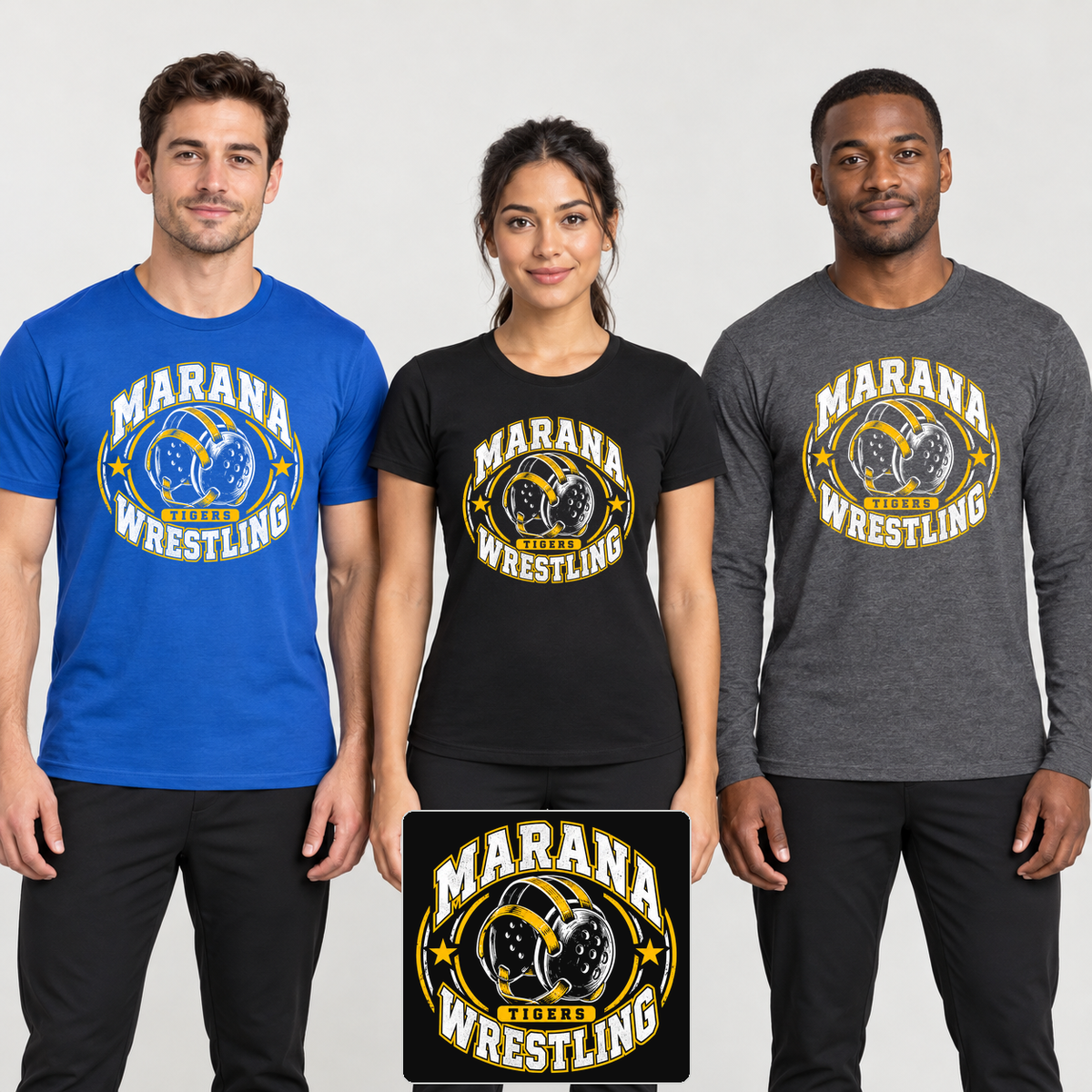 Marana Mat Club cotton apparel with centered front headgear prints and artwork detail.