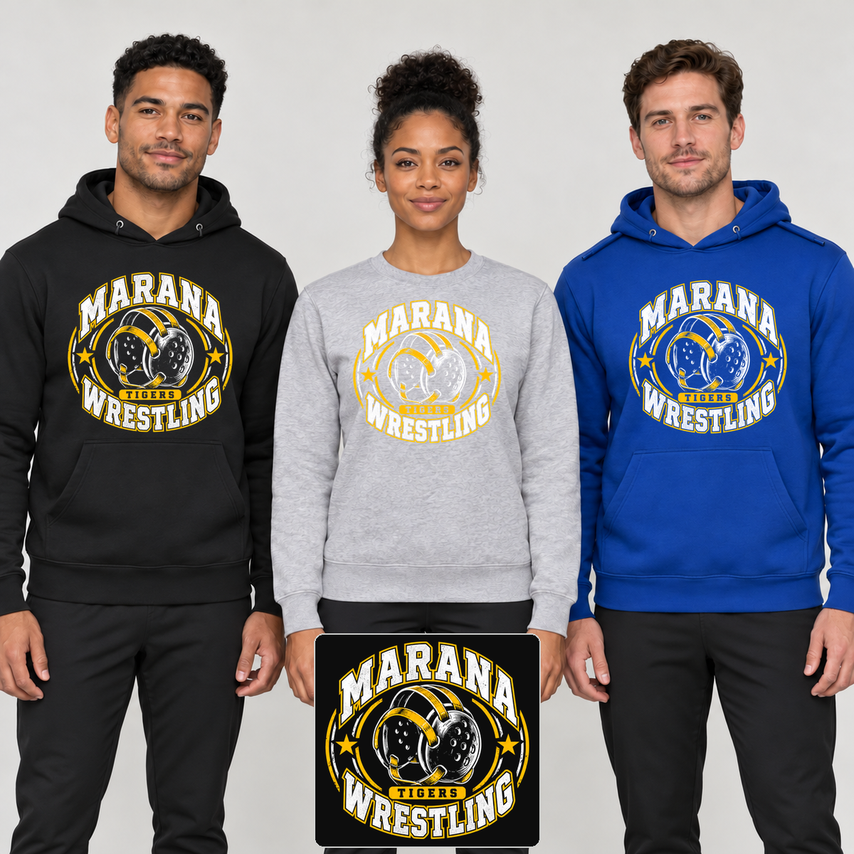 Marana Mat Club headgear front-only Fleece apparel styles with artwork detail.