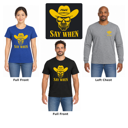 Marana Wrestling Say-When-Gold Cotton: full front and left chest examples with enlarged artwork detail.