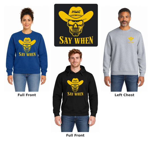 Marana Wrestling Say-When-Gold Fleece: full front and left chest examples with enlarged artwork detail.