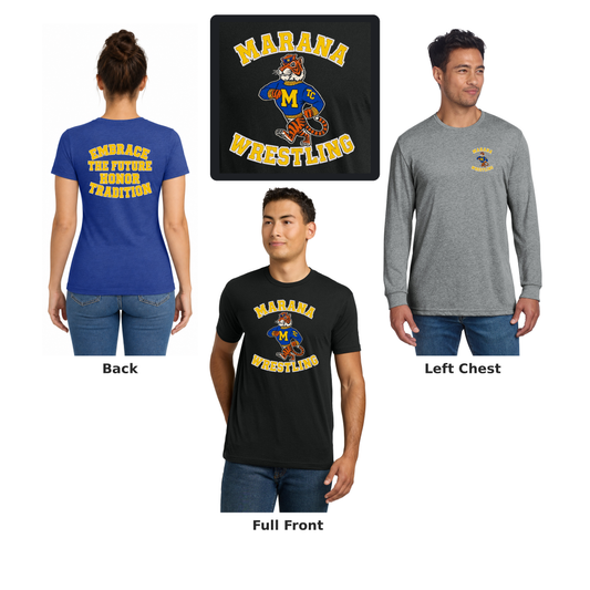 Marana Wrestling vintage tiger Cotton: front, back and left chest views with enlarged front-print photo detail.