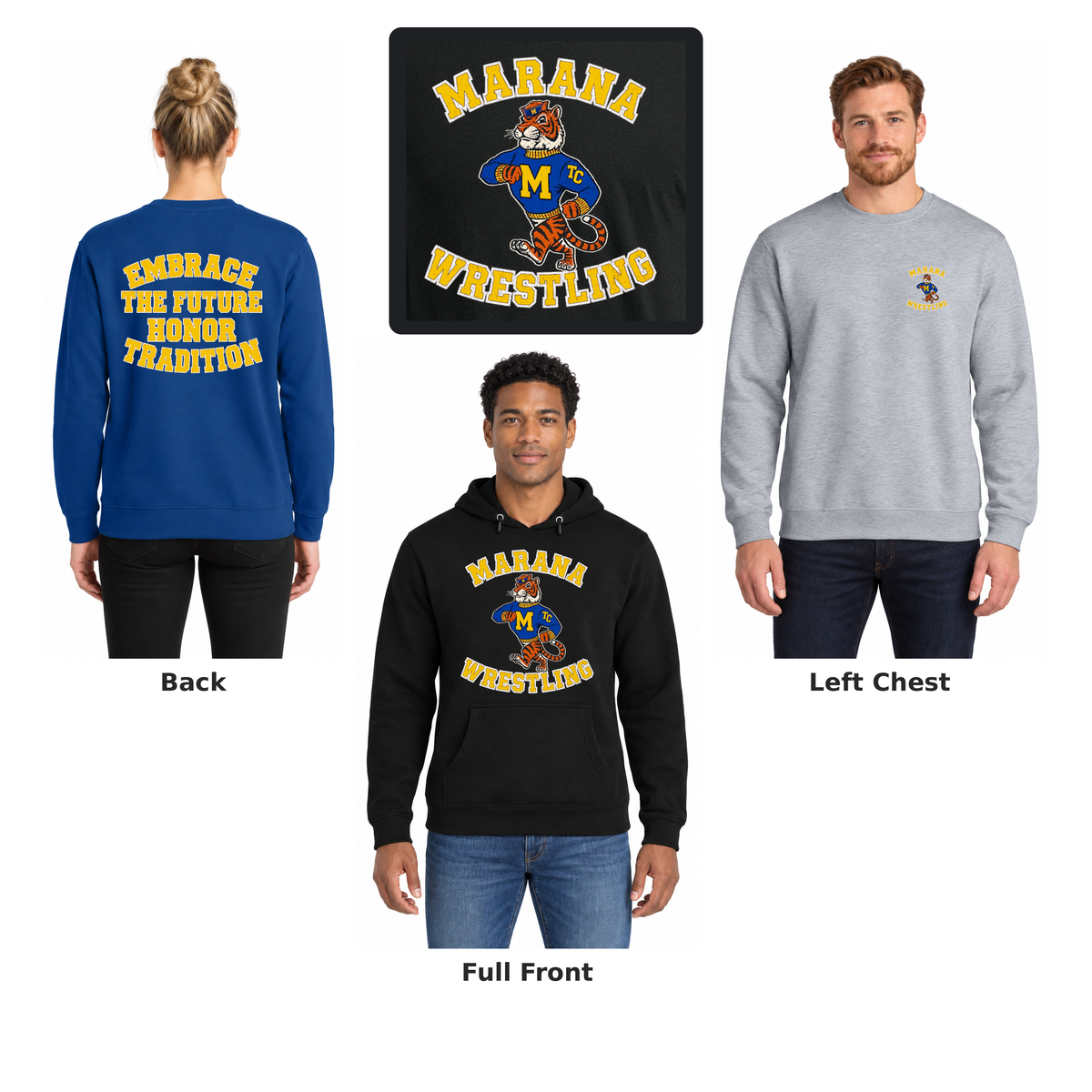 Marana Wrestling vintage tiger Fleece: front, back and left chest views with enlarged front-print photo detail.