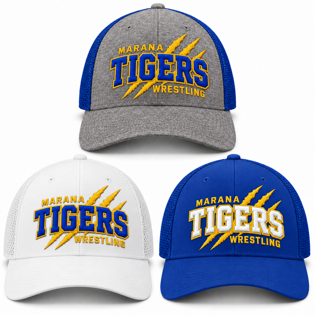 Marana Tigers Wrestling claw embroidered Flexfit caps. Royal cap has white TIGERS lettering with gold outline; other caps have blue TIGERS lettering.