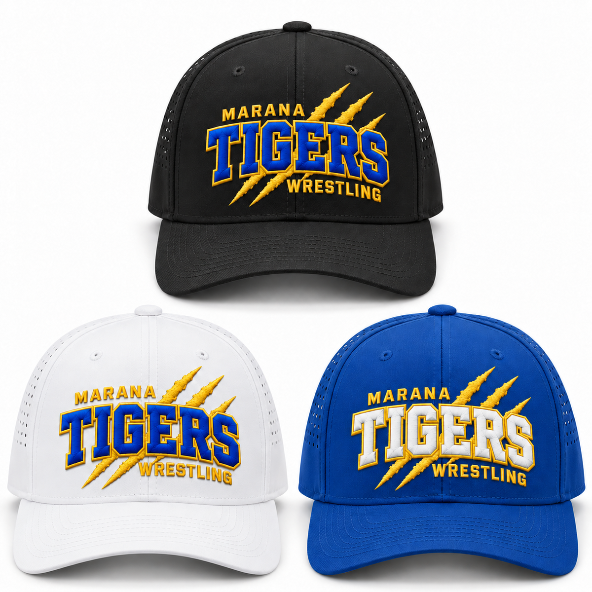 Marana Tigers Wrestling claw embroidered Snapback caps. Royal cap has white TIGERS lettering with gold outline; other caps have blue TIGERS lettering.