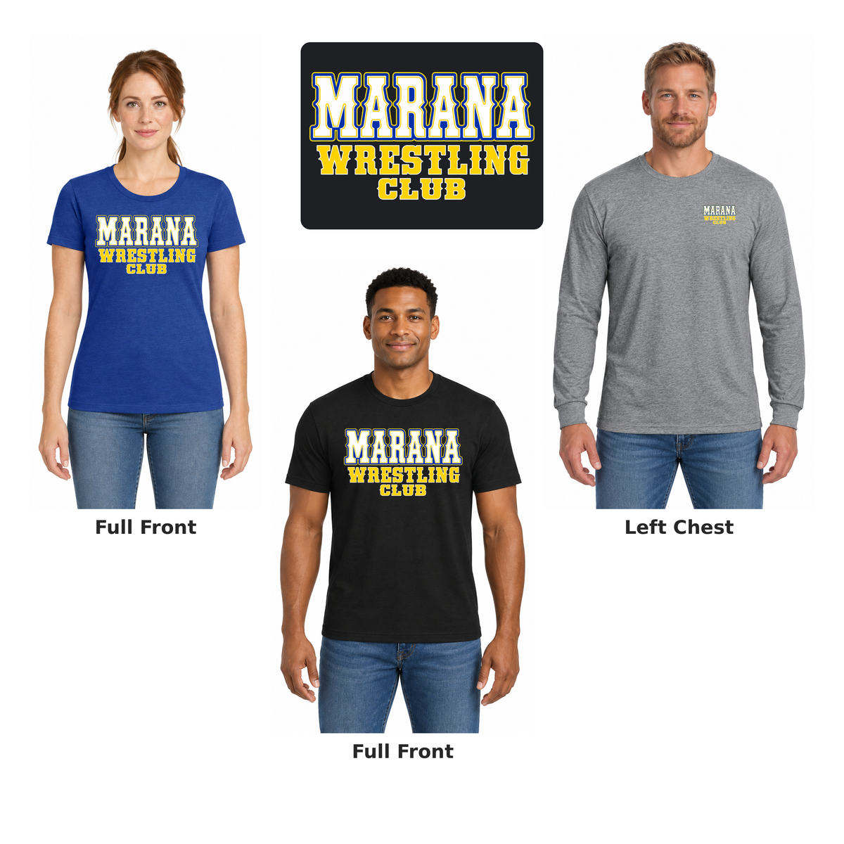 Marana Wrestling Western Cotton: full front and left chest examples with enlarged artwork detail.