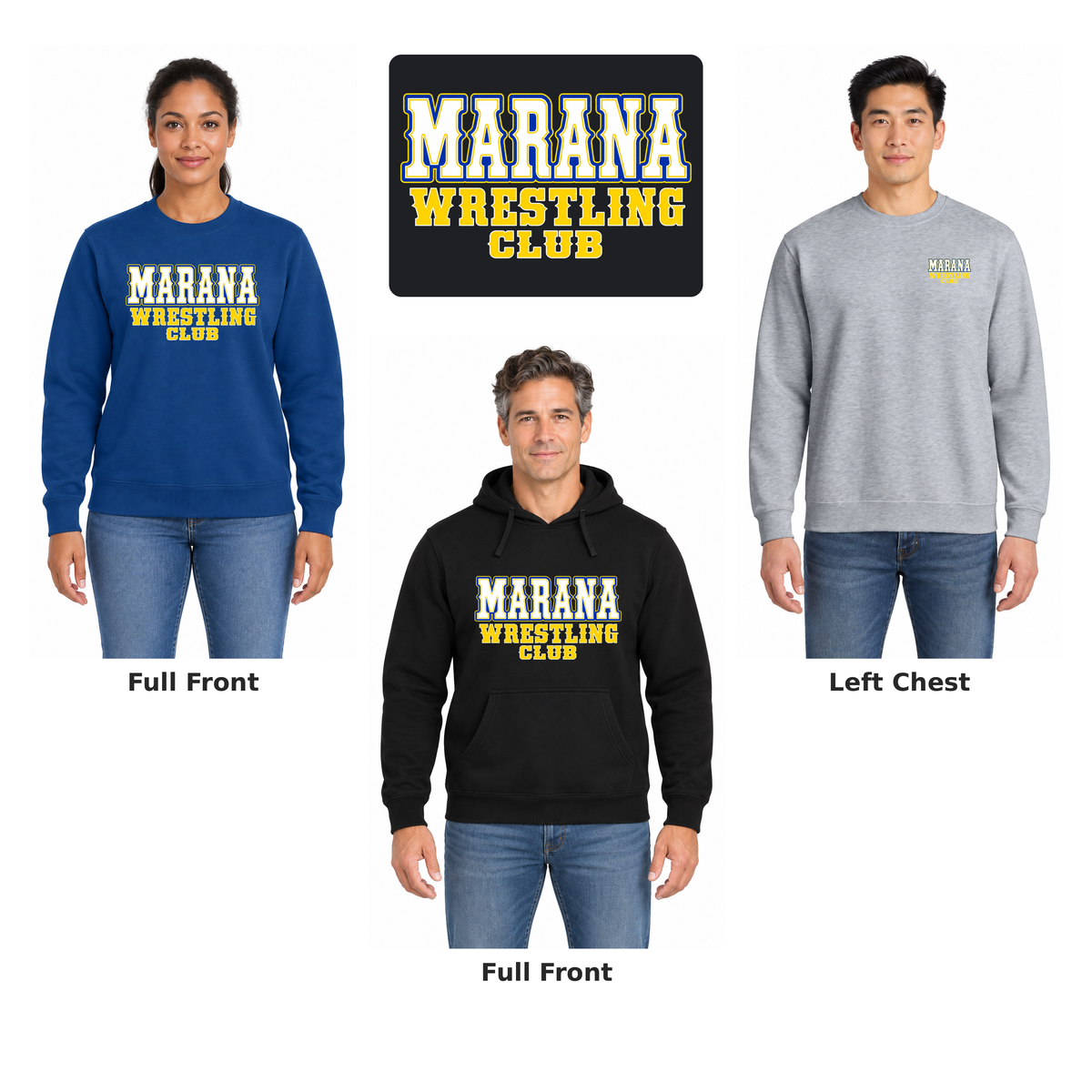 Marana Wrestling Western Fleece: full front and left chest examples with enlarged artwork detail.