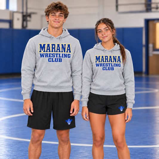Two models in light heather gray Marana Wrestling Club Western hoodies and black Cowboy shorts, showing men's/unisex and women's shorts fits in an indoor gym