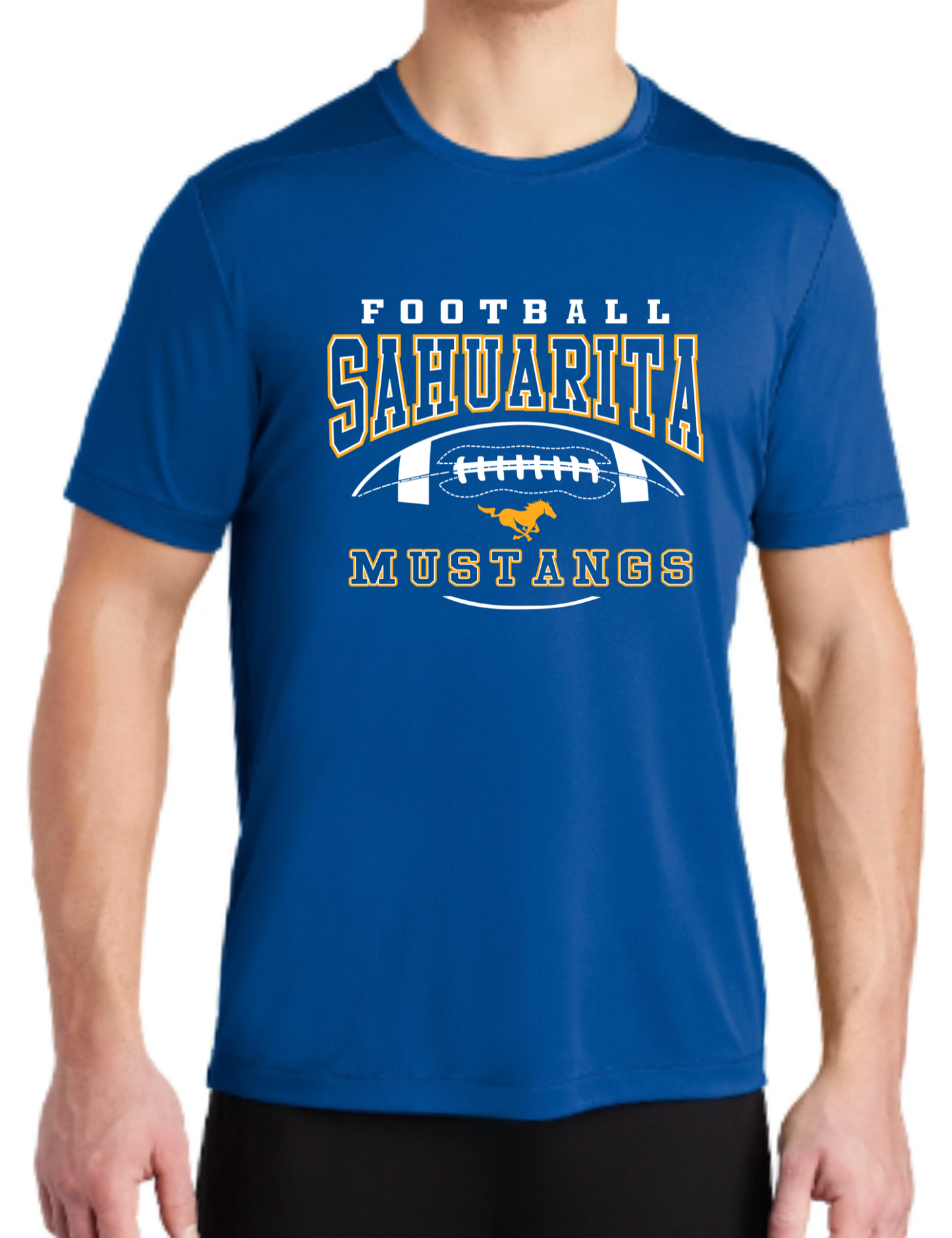 Sahuarita Mustangs Football 2024 Design #2 Cotton T-Shirt or Performance Dri-fit T-shirt in Royal Blue or Black