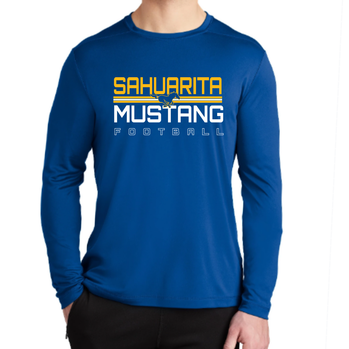 Sahuarita Mustangs Football 2024 Design #3 Cotton T-Shirt or Performance Dri-fit T-shirt in Royal Blue or Black