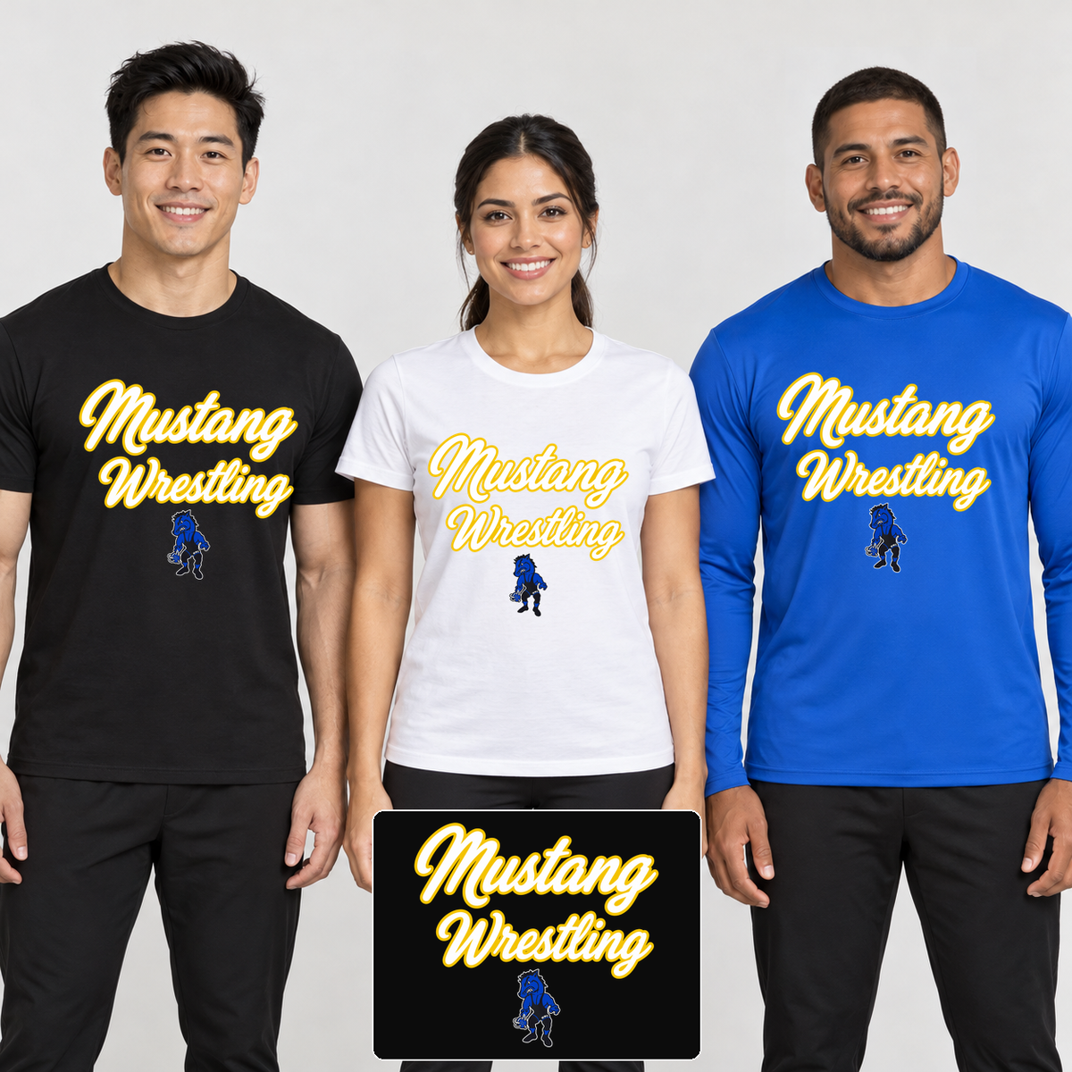 Mustang Wrestling With Mascot on black and white cotton short-sleeve shirts and a True Royal long-sleeve performance shirt, shown on three adult models with an enlarged artwork detail.