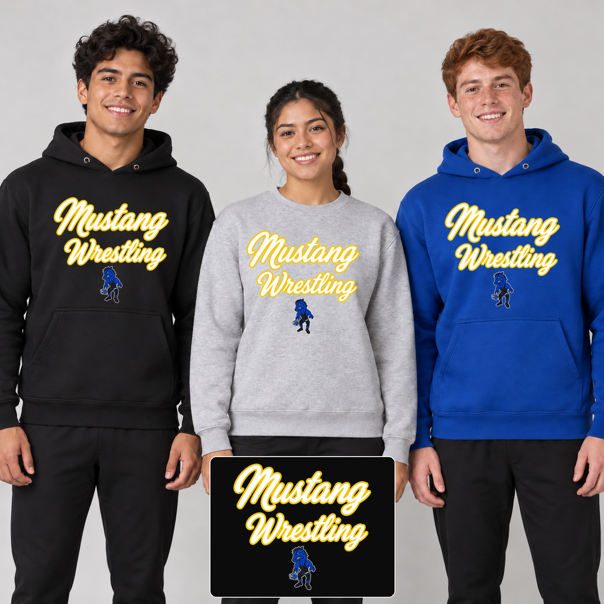 Mustang Wrestling With Mascot on Black and Deep Royal hoodies and a Light Heather Gray crewneck sweatshirt, shown on three young adult models with an enlarged artwork detail.