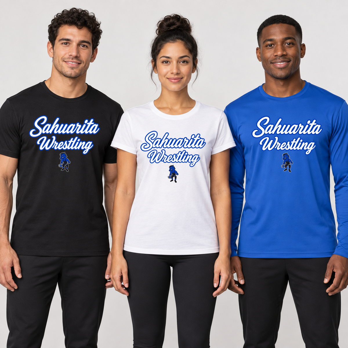 Sahuarita Wrestling With Mascot on black and white cotton short-sleeve shirts and a True Royal long-sleeve performance shirt, shown on three adult models.