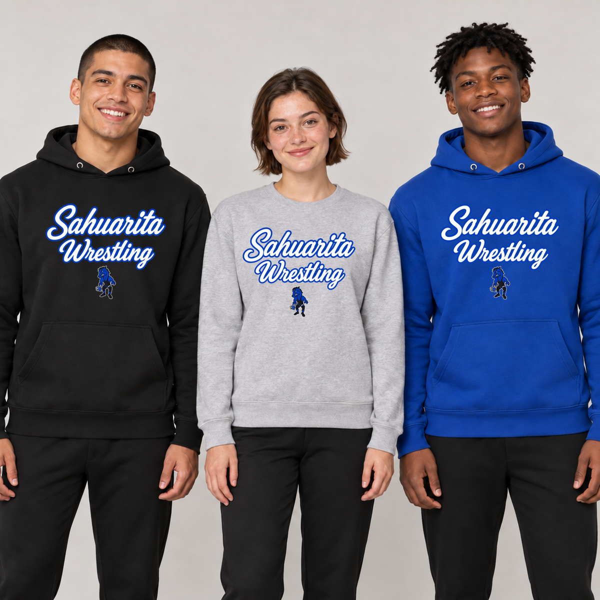 Sahuarita Wrestling With Mascot on Black and Deep Royal hoodies and a Light Heather Gray crewneck sweatshirt, shown on three young adult models.